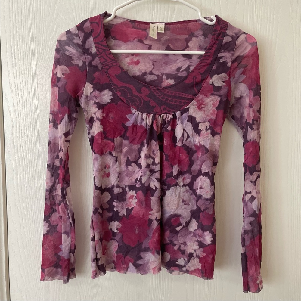 Daisy & Clover Vintage Y2K Pink Floral Mesh Longsleeve Blouse Size Small P